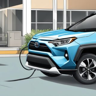 Rav4 prime with a charging cord on the ground next to it