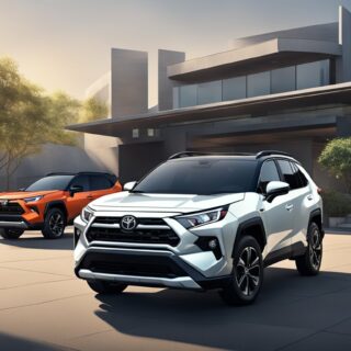 two rav4 primes in front of a large home