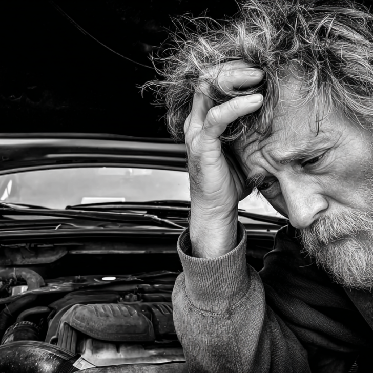 Black and white image of man frustrated by his car