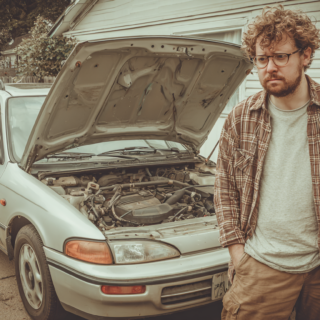 Man standing in front of car that wont start
